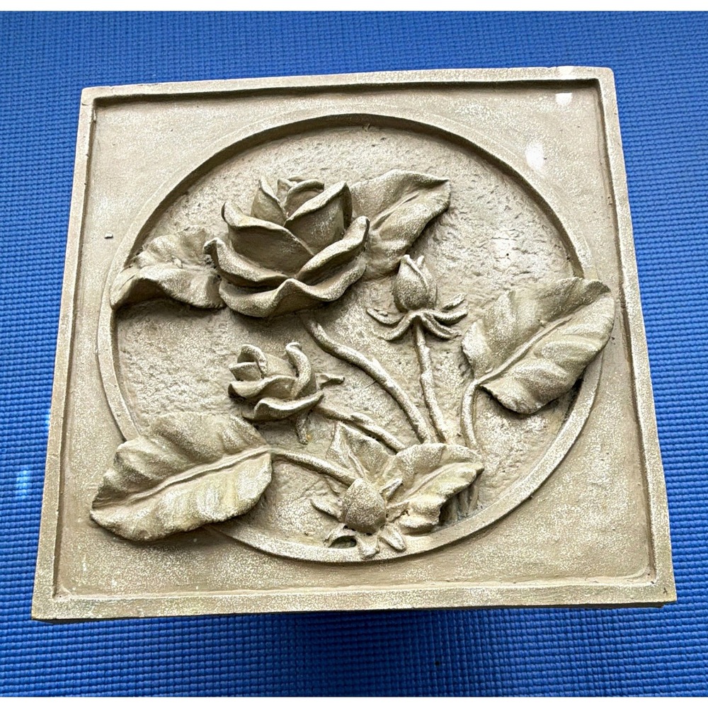 Beige Stone 3D Raised Rose Floral Relief Square Wall Plaque Hanging 9.5x9.5 in